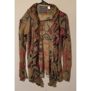 Guinevere Anthropologie Mohair Merino Wool Ruffle Floral Cardigan Green Small